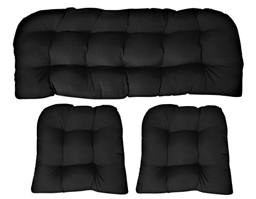 Sunbrella Canvas Black 3 Piece Wicker Cushion Set  Indoor  Outdoor Wicker Loveseat Settee  2 Matching Chair Cushions