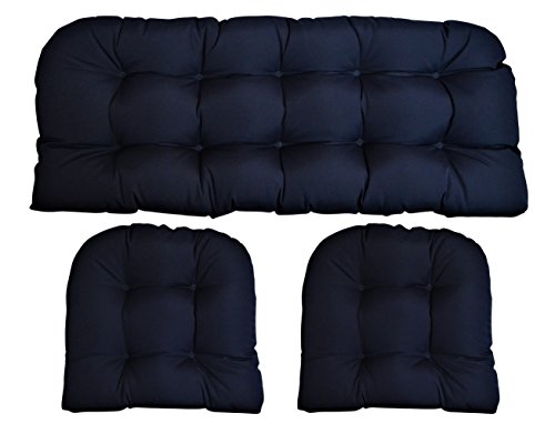 Sunbrella Canvas Navy Large 3 Piece Wicker Cushion Set (44 x 22 Loveseat Cushion and 21 x 21 U Shape Chair Cushions)  Indoor  Outdoor Wicker Loveseat Settee  2 Matching Chair Cushions  Blue