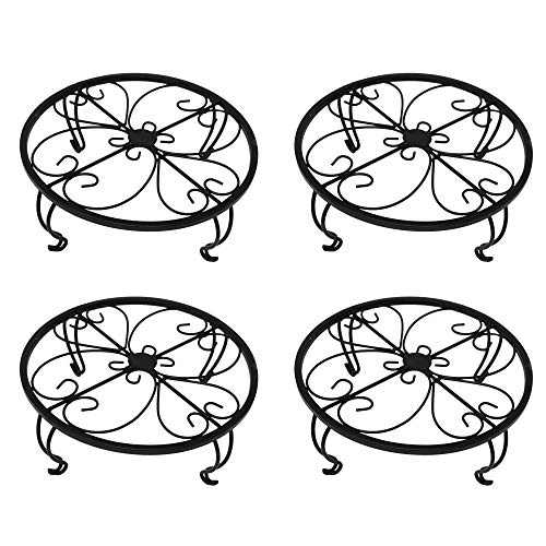 Iron Potted Plant Stand 10 inch Wide Black 4Pack Powder Coated Rust Resistant Metal Decorative Indoor Outdoor Flower Pot Holder Saucer Round Heavy Garden Planter Support Rack