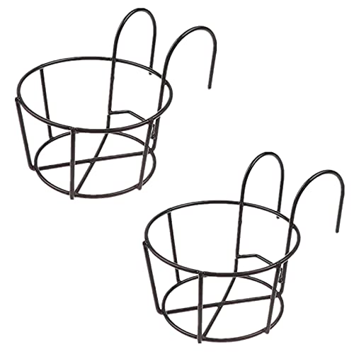 XIDAJIE Hanging Railing Planters Baskets Flower Pot Holders Garden Hanging Plant Iron Racks Balcony Round Flower Pot Rack Railing Fence (2Pcs Black)