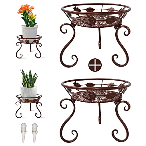 MOLAD 2 Pack Plant Stand Indoor Outdoor Round Metal Flower Pot for Multiple Plants with Automatic Watering ToolWrought Iron Planter Rack Shelf Organizer Garden Home Decor (106x95 in Bronze)