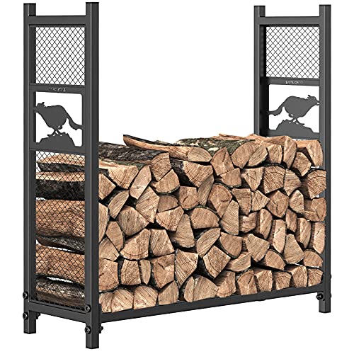 Mr IRONSTONE 4ft Firewood Rack Outdoor Wood Rack for Firewood Storage Racks with Carving Wolf Pattern and Iron Grid for Hold Logs of Various Sizes Heavy Duty Log Storage Bin Indoor for Fireplace