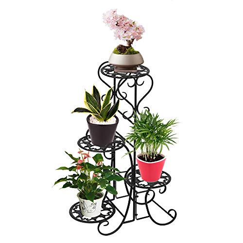 Plant Stand Metal Flower Holder Racks with 4 Tier Garden Decoration Display Wrought Iron 4 Layers Planter Rack Shelf Organizer for Indoor Outdoor Black (4 Tier Round)