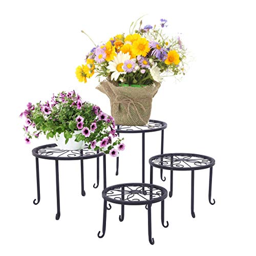 Zancen Metal Plant Stand 4 in 1 Potted Iron Planter Stand Floor Flower Pot Round Rack Art Flowerpot Holder Support for Home Garden Patio Indoor Outdoor (79114)