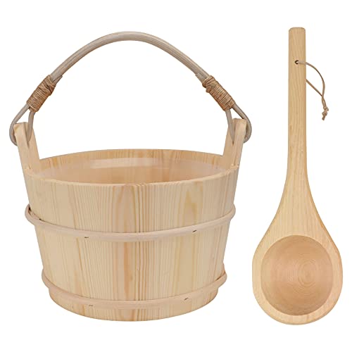 Cabilock 1Set Sauna Bucket with Ladle Wooden Sauna Bucket and Ladle Kit Spa Sauna Accessory for Sauna Steam Room Bathroom