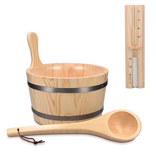 Navaris Wooden Sauna Bucket with Ladle  Essential Spa Accessory for Steam Room with 13 Gallon Pine Wood Bucket Plastic Liner Ladle Sand Timer