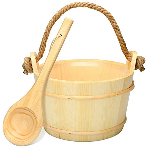 PBEXC Wooden Sauna Bucket with Ladle and Plastic LinerRope Handle Sauna Accessories for Home Sauna  SPA 45 L12 Gallon Sauna Water Bucket