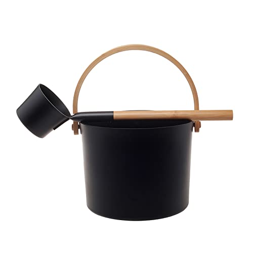 Prettyia 5L Aluminum Sauna Bucket and Ladle Kit with Wooden Handle SPA Bath Accessory  5L Black_Style C