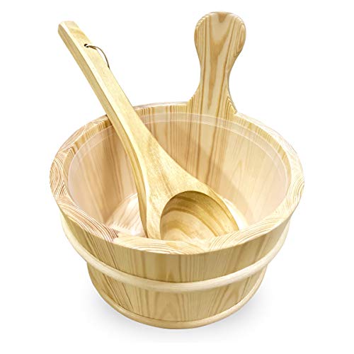 Sauna Wooden Bucket and Ladle KitUwecan Sauna Accessories with Liner for Sauna  SPA  Made of Premium Finland Pinewood(Pinus silvestris)  6L