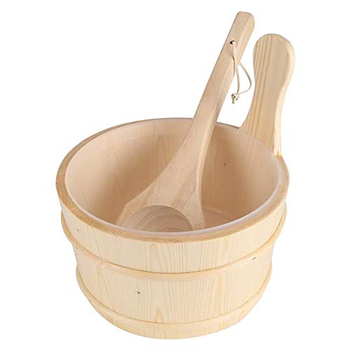 WShiG Wooden Sauna Bucket and Ladle Kit Handmade Sauna Accessories with Liner for Steam Room Bathroom SPA