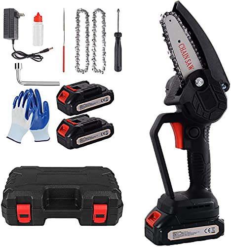 Mini Chainsaw Cordless 4Inch Battery Chainsaw Hand Held RechargeableChain Saw with 2 Batteries 3 Chain Electric Pole Saws for Tree Trimming Chain for Wood CuttingGardenGardening Tools (Black)