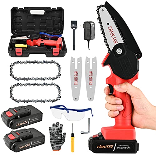 Mini Chainsaw Cordless Power Chain Saw HOVUX Upgraded 4 Inch Handheld Electric Chainsaw Kit 24V 2200mAh Battery Operated Pruning Saw Tree Trimmer Branch Pruner for Cutting Wood Garden Tool