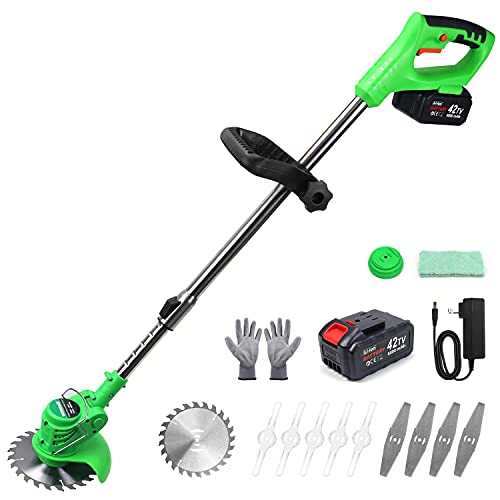 Cordless String Trimmer Battery Powered 42V Lightweight Weed Wacker with 2 LiIon Battery 1 Charger and 11 Cutting Blades 47 Inch Powerful Weed Eater for Lawn Yard，Garden Bush Trimming  Pruning