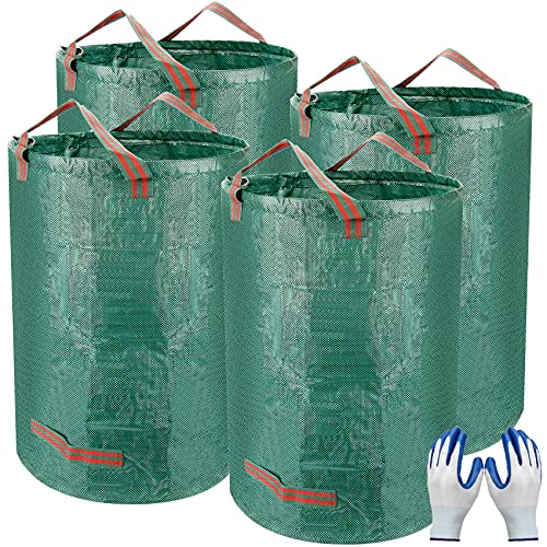 Colovis Garden Waste Bags 4 Pack 32 Gallons Heavy Duty Gardening Bags with Coated Gardening Gloves Waterproof Reusable Lawn Pool Leaf Yard Waste Bags with 4 Handles