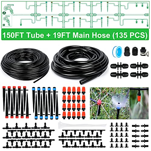 Bonviee Drip Irrigation Kit 169FT Greenhouse Watering System 14 inch Automatic Patio Misting System for Garden with Distribution Tubing Hose  Adjustable Nozzle Emitters Sprinkler Barbed Fittings
