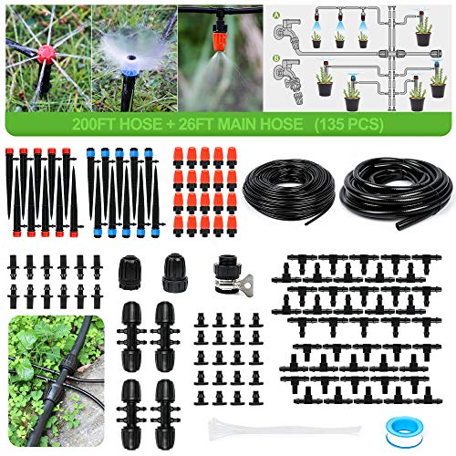 MIXC 226FT Greenhouse Micro Drip Irrigation Kit Automatic Patio Misting Plant Watering System with 14 inch 12 inch Blank Distribution Tubing Hose Adjustable Nozzle Emitters Sprinkler Barbed Fittings