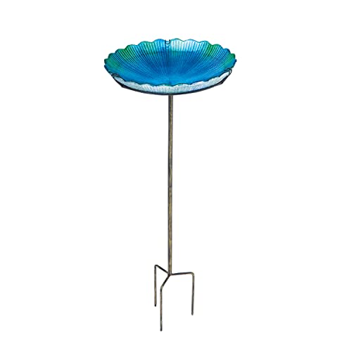 Evergreen Blue Sea Glass Bird Bath with Metal Stake  11L x 11 W x 2675 H