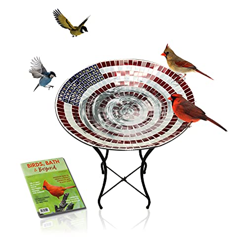 Glass Birdbath with Stand  24 Inch Mosaic American Flag Pattern  Glass Bowl with Metal Stand  Yard Art and Garden Art  163 Diameter 244 Tall  Backyard Expressions