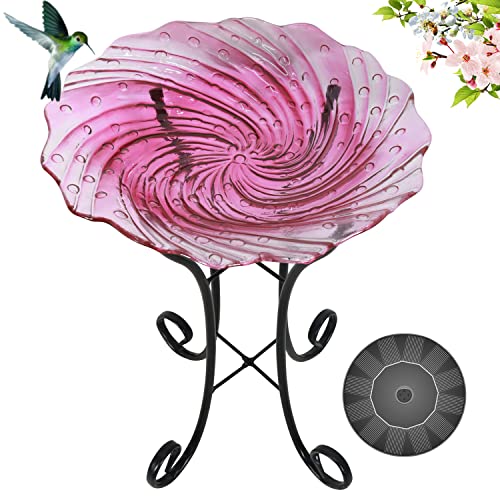 Grateful Gnome Bird Baths for Outdoors Patio Garden Backyard Hand Painted Glass Bowl Radiant Reflection Large 18 inch Bird Baths with 22 inch Tall Metal Stand  Includes A Free Solar Fountain