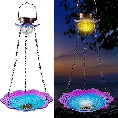 MAGGIFT Solar Powered Bird Bath for Outdoor Hanging Wild Bird Feeder Glass Flower Seed Tray Outside Waterproof Birdfeeders Solar Garden Crackle Glass Ball Light Warm White LED Landscape Lighting