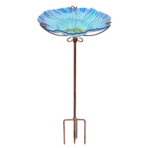 MUMTOP 26 Inch Height Glass Birdbath Birdfeeder with Metal Stake Garden Outdoor Blue