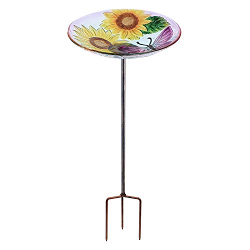MUMTOP Glass Bird BathBird Bath for Outdoors Birdfeeders Sunflower and Butterfly Pattern with Metal Stake for Garden and Lawn Decor