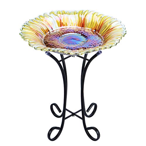 MUMTOP Outdoor Glass Birdbath with Metal Stand for Lawn Yard Garden Sunflower Decor18 Dia2165 Height