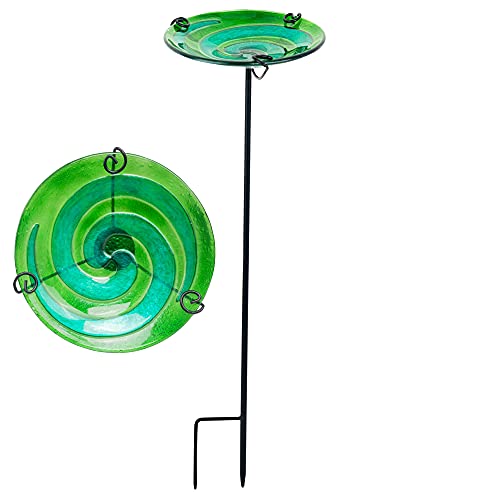 NEROSUN Glass Bird Bath and Bird Feeder for Outdoor Outside Green Birdfeeder with Metal Stake for Garden Yard and Lawn Decoration