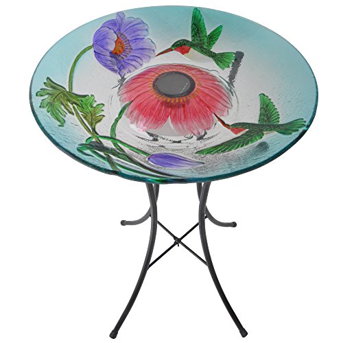 Peaktop 3200670 Outdoor HandPainted Hummingbird Fusion Glass Solar Birdbath Bowl Feeder with LED Light and Metal Legs for Patio Garden Backyard 18Inch Blue and Pink