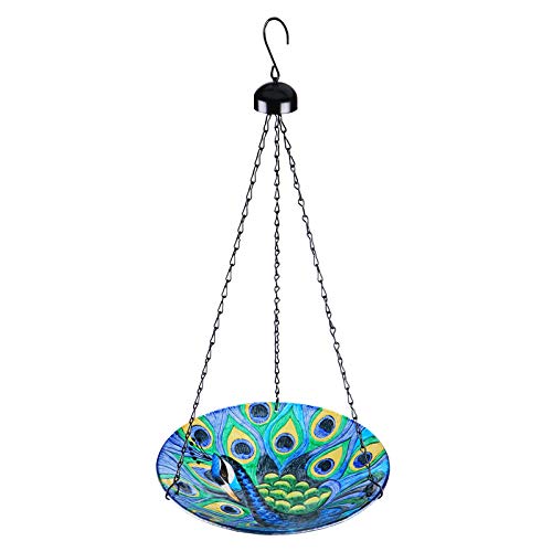 VCUTEKA Hanging Bird Bath Outdoor Glass Bird Bath Bowl Small Bird Feeder for PatioGardenYard Peacock 11 inch Peacock Sunflower