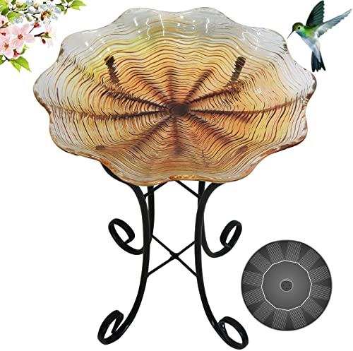 Grateful Gnome Bird Baths for Outdoors Patio Garden Backyard Hand Painted Glass Bowl Golden Flower Large 18 inch Bird Baths with 22 inch Tall Metal Stand  Includes A Free Solar Fountain