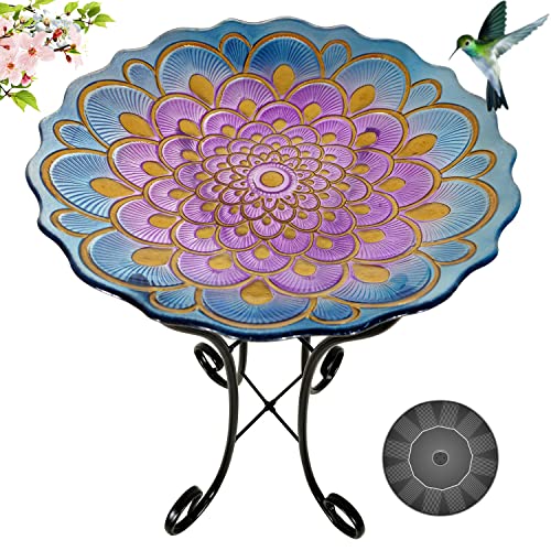Grateful Gnome Bird Baths for Outdoors Patio Garden Backyard Hand Painted Glass Bowl Purple Peacock Large 18 inch Bird Baths with 22 inch Tall Metal Stand  Includes A Free Solar Fountain