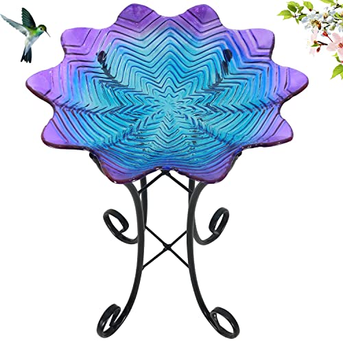 Grateful Gnome Bird Baths for Outdoors Patio Garden Backyard Hand Painted Glass Bowl Purple Sunrise Large 18 inch Bird Baths with 22 inch Tall Metal Stand  Includes A Free Solar Fountain