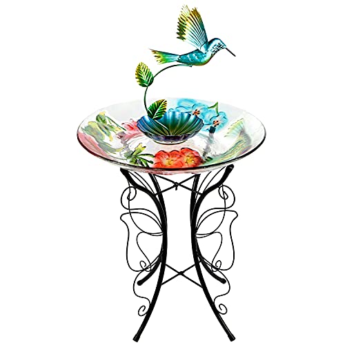 Johns Studio Wild Bird Bath Outdoor Glass Bowl Birdbath Outside Dish Feeder with Metal Stand for Garden Yard and Patio