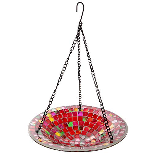 Lilys Home Hanging Colorful Mosaic Glass Bird Bath Bowl  11 Diameter (Red)