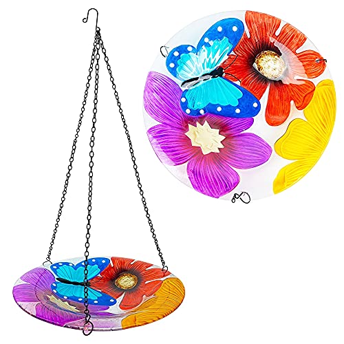 Nerosun Hanging Bird Feeders and Baths for Outside Outdoors Bird Bath Bowl with Butterfly and FlowerGlass TrayDecor for Garden Yard Patio Decorations (11 Width  189 Height )