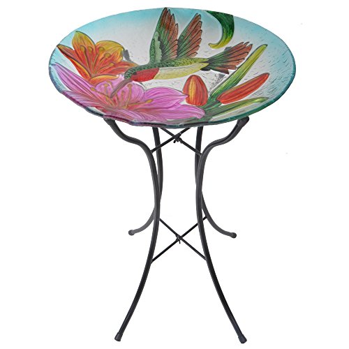 Peaktop Outdoor HandPainted Hummingbird Fusion Glass Birdbath Bowl Feeder with Metal Stand for Patio Garden Backyard