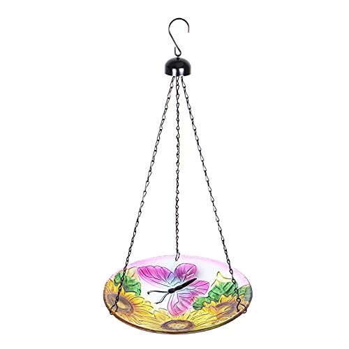 VCUTEKA Bird Bath Hanging for Outdoor Glass Small Bird Feeder Bowl Garden Decoration 11 Inch Peacock Sunflower