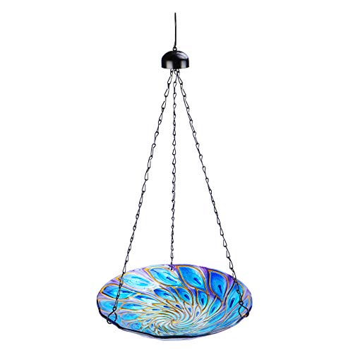 VCUTEKA Hanging Bird Bath Outdoor Glass Bird Bath Bowl Small Bird Feeder for PatioGardenYard Peacock 11 inch Peacock Sunflower