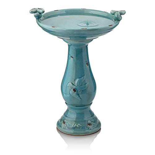 Alpine Corporation TLR102TUR Alpine Pedestal Bath with 2 FigurinesTurquoise Antique Ceramic Birdbath with Birds 24 Inch Tall 19 L x 16 W x 25 H