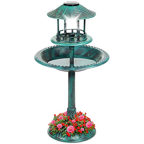 Best Choice Products Solar Outdoor Bird Bath Vintage Resin Pedestal Fountain Decoration for Yard Garden wPlanter Base Feeder Decorative Bird Cage Fillable Stand  Green