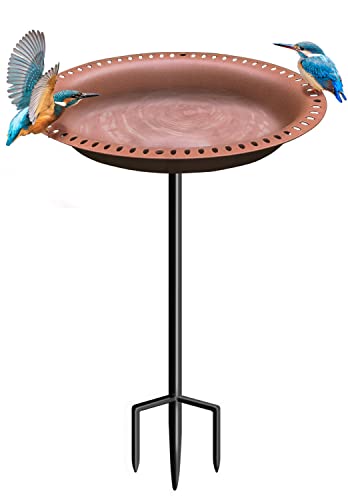 Eazielife Outdoor Bird Bath Freestanding Garden Birdbaths Supports Antique Birdfeeder Bowl with Metal Stake Base 28 Inches Tall Oval Shape Brown (1 Pack)
