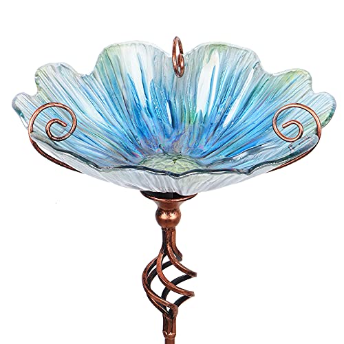 MUMTOP 31 Inch Height Glass Birdbath Birdfeeder with Metal Stake Garden Yard Outdoor Blue