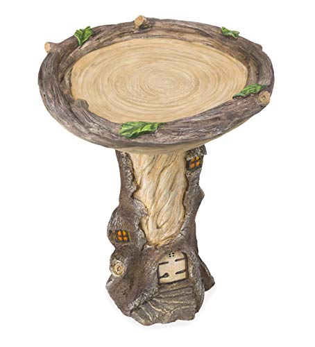 Plow  Hearth FullSize Fairy Garden Birdbath with Miniature Fairy House in A Tree Stump HandPainted AllWeather WoodLook Resin Landscape Accent 18 Dia x 23½H