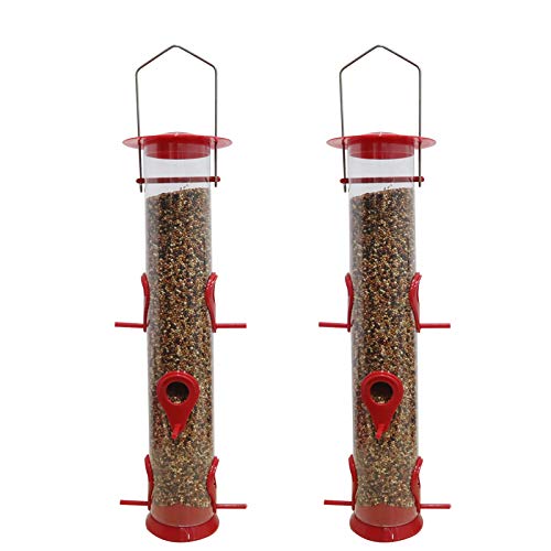 Bird Feeder Hanging Classic Tube Hanging Feeders with 6 Feeding Ports Premium Hard Plastic with Steel Hanger Weatherproof and Water Resistant Great for Attracting Birds Outdoors Garden（2Pack