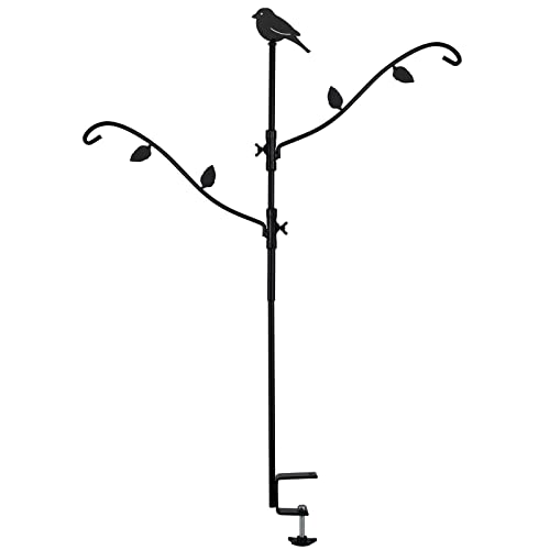 FEED GARDEN Deck Bird Feeder Pole 42 Inches Multiple Hooks Adjustable Detachable Heavy Duty Steel Stable Black Bird Feeder Porch for Deck Kit for Outside Bird Feeder and Plant Hangers