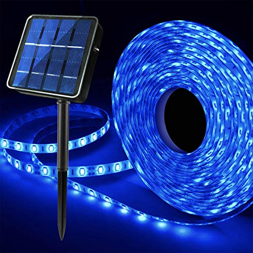 Solar Blue LED Strip Lights Outdoor Waterproof 196FT 180 LED Solar Powered LED Lights Strip 8 Lighting Modes Summer Swimming Pool Stair Step Gazebo Canopy Deck Accent Lighting(Upgraded Version)
