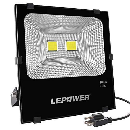 LEPOWER 100W LED Flood Light Outdoor Plug in Exterior Work Light 500W Halogen Bulb Equivalent IP66 Waterproof 8000LM 6000K Outdoor Floodlight Fixture for Backyard Garden Garage Playground