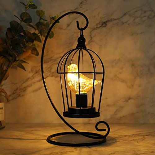 JHY DESIGN Birdcage Bulb Decorative Lamp Battery Operated 12 Tall Cordless Accent Light with Warm White Fairy Lights Bird Bulb for Living Room Bedroom Kitchen Wedding Xmas(Black)