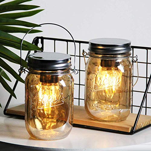 Mason Jar Lights Hanging Cordless Lanterns for Patio Battery Operated Tabletop Lamp with LED Bulb Outdoor Indoor Decor for Garden Camping Picnic Party Fireplace Hallway Stairs (2 Amberwith Timer)